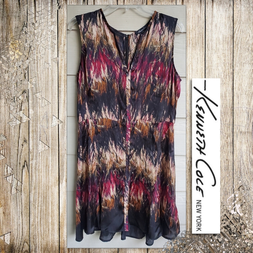 Kenneth Cole Boho Multicolored Satin V-neck Knee-length Casual Summer Dress